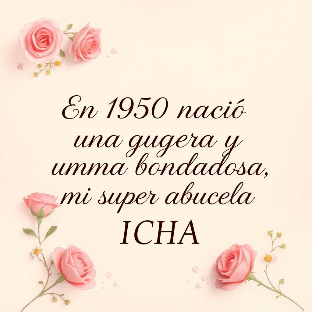 A heartfelt tribute image featuring the phrase in elegant, flowing script: 'En 1950 nació una guerrera y una alma bondadosa, mi super abuela ICHA'