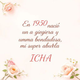 A heartfelt tribute image featuring the phrase in elegant, flowing script: 'En 1950 nació una guerrera y una alma bondadosa, mi super abuela ICHA'