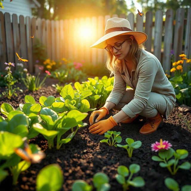 A serene backyard scene depicting a woman planting petchay (bok choy) in rich, dark soil