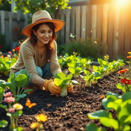 A serene backyard scene depicting a woman planting petchay (bok choy) in rich, dark soil