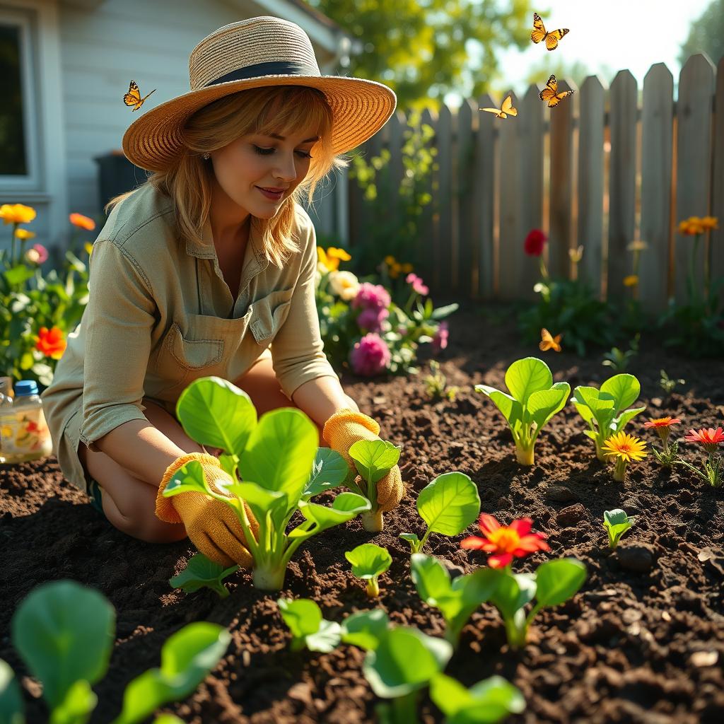 A serene backyard scene depicting a woman planting petchay (bok choy) in rich, dark soil