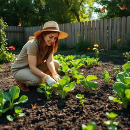 A serene backyard scene depicting a woman planting petchay (bok choy) in rich, dark soil