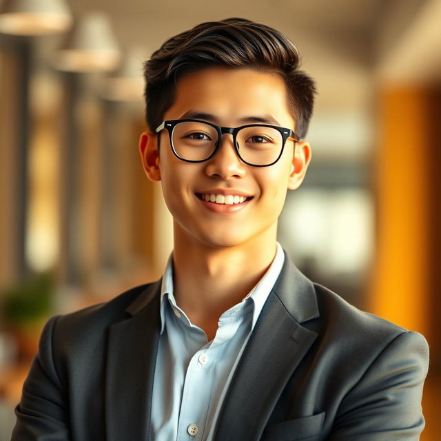 A professional profile picture of a young gentleman computer engineer, 24 years old, captured in a head-and-shoulders portrait