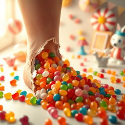An imaginative scene depicting a leg that is torn open, revealing a vibrant assortment of colorful candies spilling out