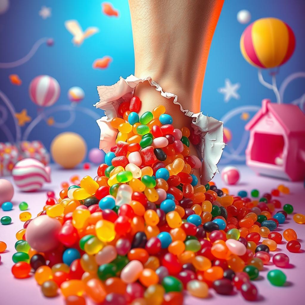 An imaginative scene depicting a leg that is torn open, revealing a vibrant assortment of colorful candies spilling out