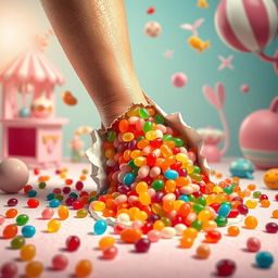 An imaginative scene depicting a leg that is torn open, revealing a vibrant assortment of colorful candies spilling out