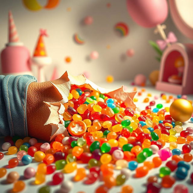 An imaginative scene depicting a leg that is torn open, revealing a vibrant assortment of colorful candies spilling out