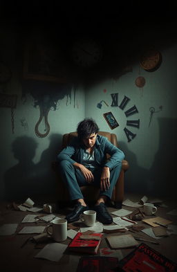 A man sitting alone in a dimly lit room, disheveled hair and wild eyes, surrounded by scattered papers and empty coffee cups, exhibiting signs of mental breakdown