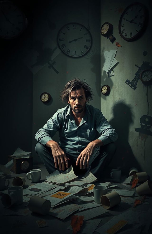 A man sitting alone in a dimly lit room, disheveled hair and wild eyes, surrounded by scattered papers and empty coffee cups, exhibiting signs of mental breakdown