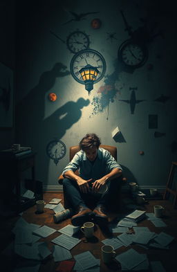 A man sitting alone in a dimly lit room, disheveled hair and wild eyes, surrounded by scattered papers and empty coffee cups, exhibiting signs of mental breakdown