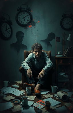 A man sitting alone in a dimly lit room, disheveled hair and wild eyes, surrounded by scattered papers and empty coffee cups, exhibiting signs of mental breakdown