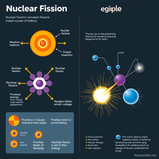 A detailed infographic depicting the processes of nuclear fission and fusion