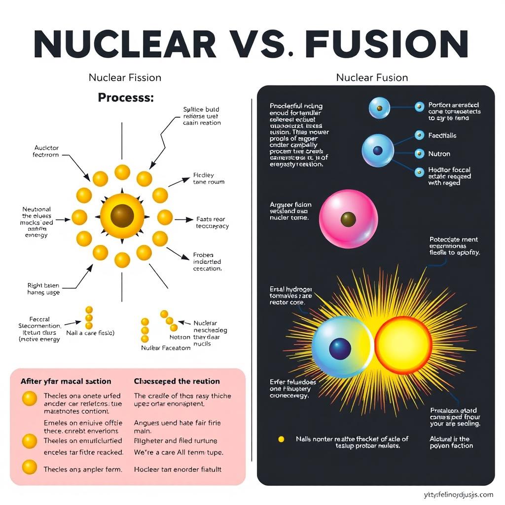 A detailed infographic depicting the processes of nuclear fission and fusion