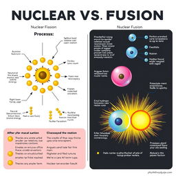 A detailed infographic depicting the processes of nuclear fission and fusion