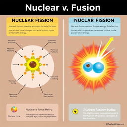 A detailed infographic depicting the processes of nuclear fission and fusion
