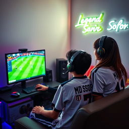 A teenage boy sitting in a cozy, modern gaming room, wearing a jersey with 'Md Sofor' and number '7'