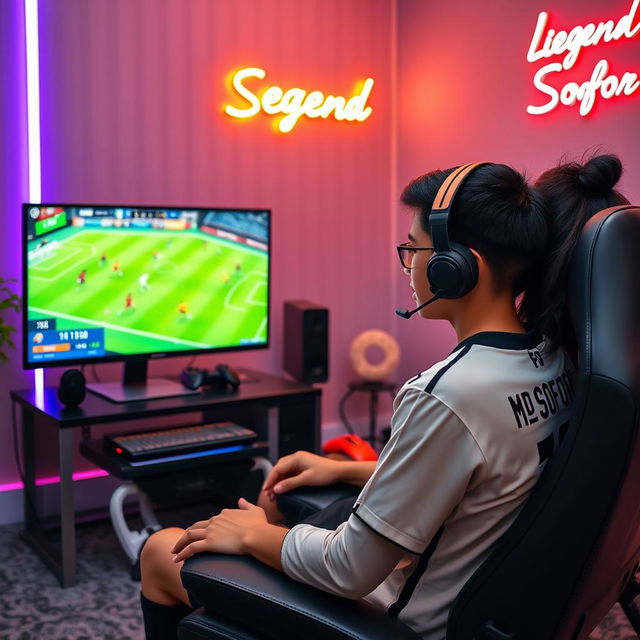 A teenage boy sitting in a cozy, modern gaming room, wearing a jersey with 'Md Sofor' and number '7'