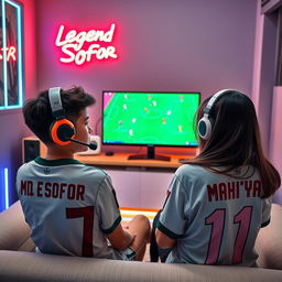 A teenage boy sitting in a cozy, modern gaming room, wearing a jersey with 'Md Sofor' and number '7'