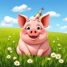 A cartoonish fat pig with a human face, featuring exaggerated features like big eyes and a wide smile, sitting happily in a lush green field