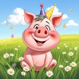 A cartoonish fat pig with a human face, featuring exaggerated features like big eyes and a wide smile, sitting happily in a lush green field