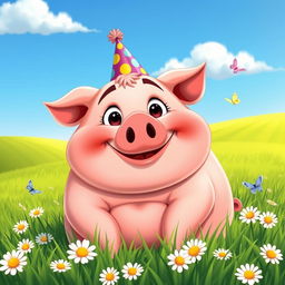 A cartoonish fat pig with a human face, featuring exaggerated features like big eyes and a wide smile, sitting happily in a lush green field