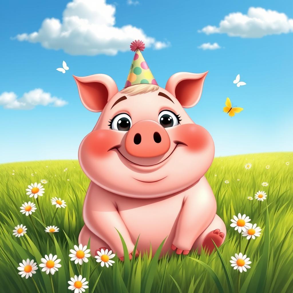 A cartoonish fat pig with a human face, featuring exaggerated features like big eyes and a wide smile, sitting happily in a lush green field