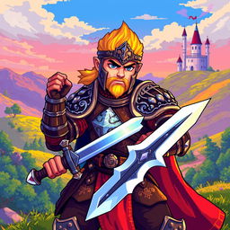 A pixel art depiction of a heroic warrior in an RPG setting