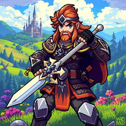 A pixel art depiction of a heroic warrior in an RPG setting