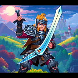 A pixel art depiction of a heroic warrior in an RPG setting