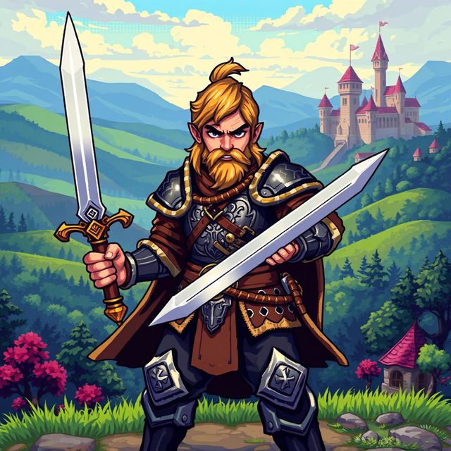 A pixel art depiction of a heroic warrior in an RPG setting