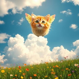 A whimsical scene of a cat flying joyfully towards a bright blue sky filled with fluffy white clouds