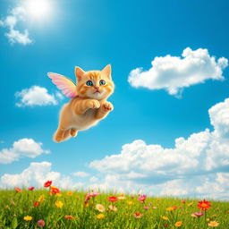 A whimsical scene of a cat flying joyfully towards a bright blue sky filled with fluffy white clouds