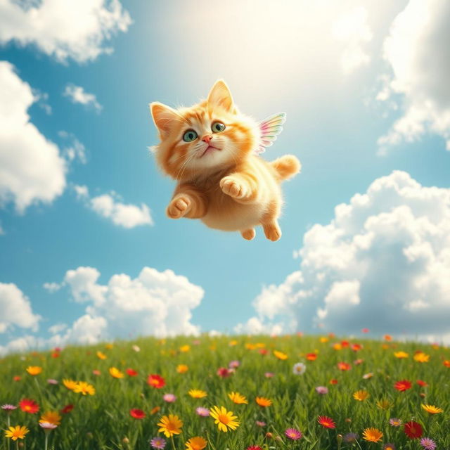 A whimsical scene of a cat flying joyfully towards a bright blue sky filled with fluffy white clouds