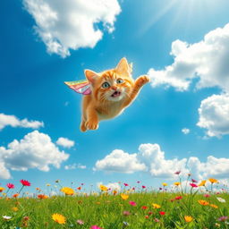 A whimsical scene of a cat flying joyfully towards a bright blue sky filled with fluffy white clouds