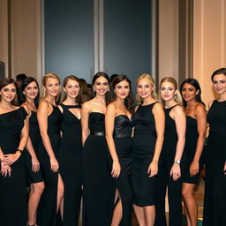 A group of elegantly dressed individuals wearing matching black dresses, in a sophisticated indoor setting