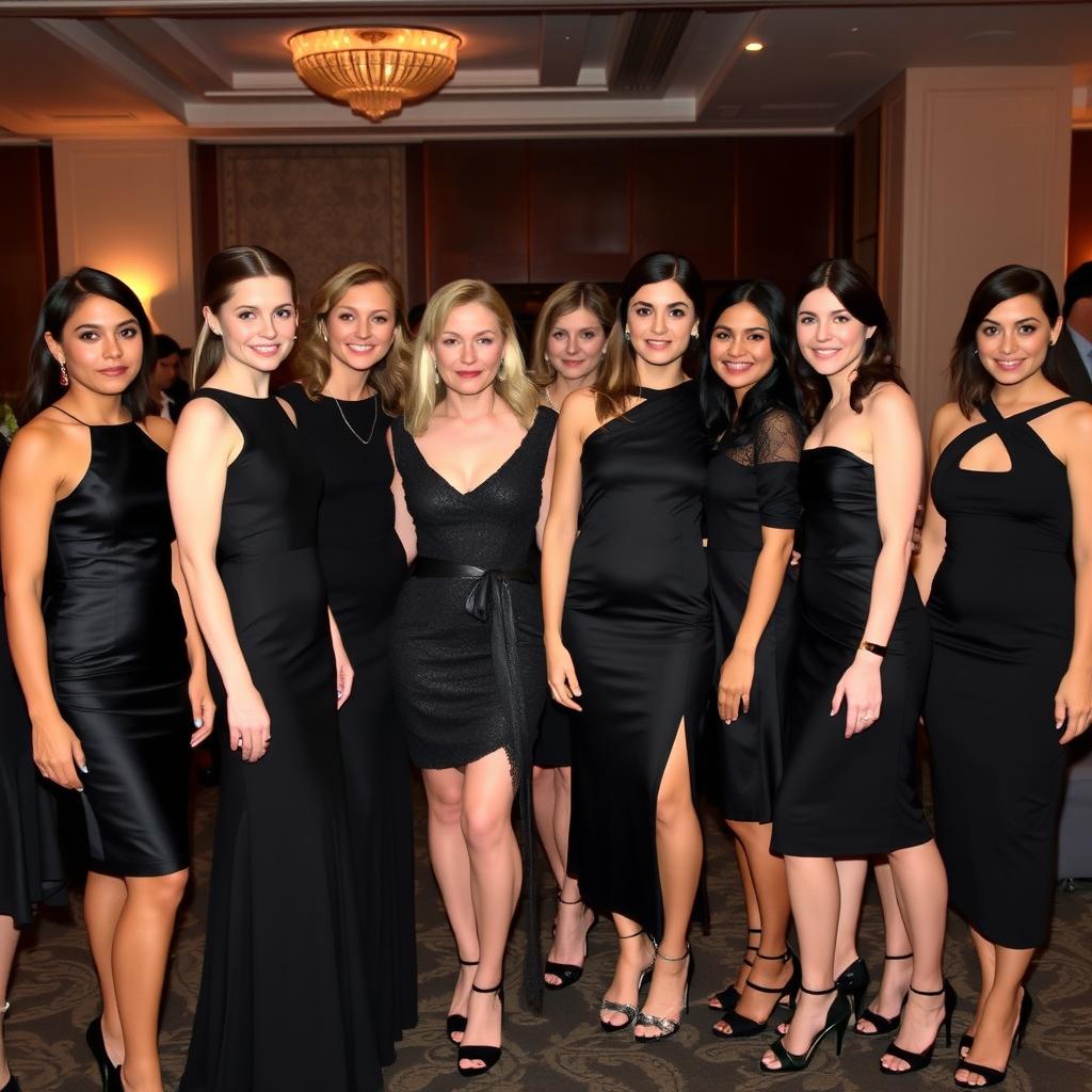 A group of elegantly dressed individuals wearing matching black dresses, in a sophisticated indoor setting