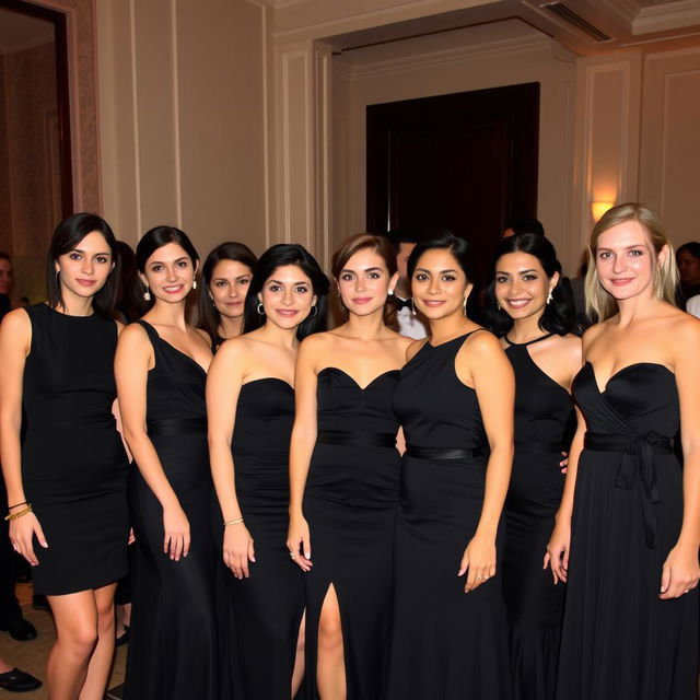 A group of elegantly dressed individuals wearing matching black dresses, in a sophisticated indoor setting