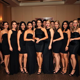 A group of elegantly dressed individuals wearing matching black dresses, in a sophisticated indoor setting