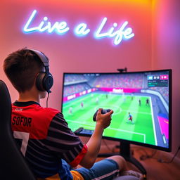A teenage boy sitting in a cozy room, playing eFootball on a high-end PC setup with a large monitor