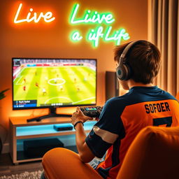 A teenage boy sitting in a cozy room, playing eFootball on a high-end PC setup with a large monitor