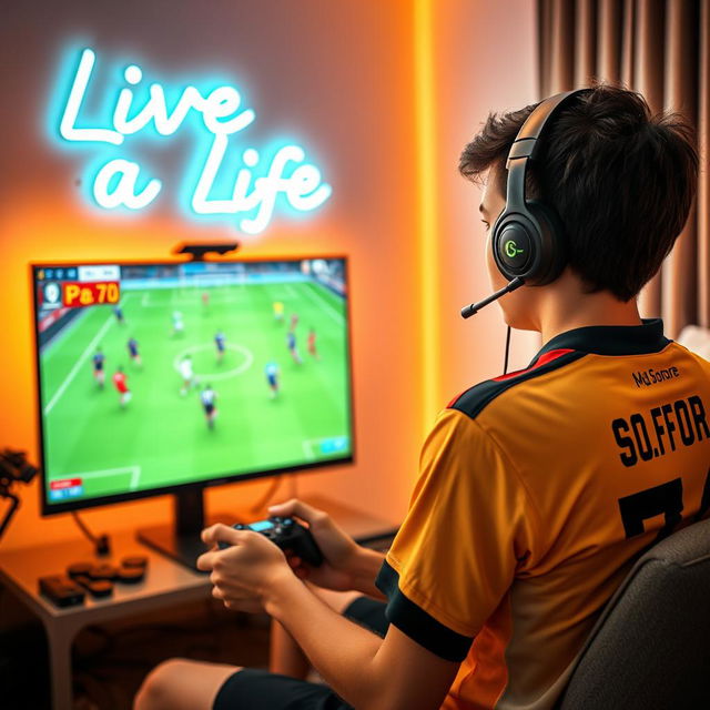 A teenage boy sitting in a cozy room, playing eFootball on a high-end PC setup with a large monitor