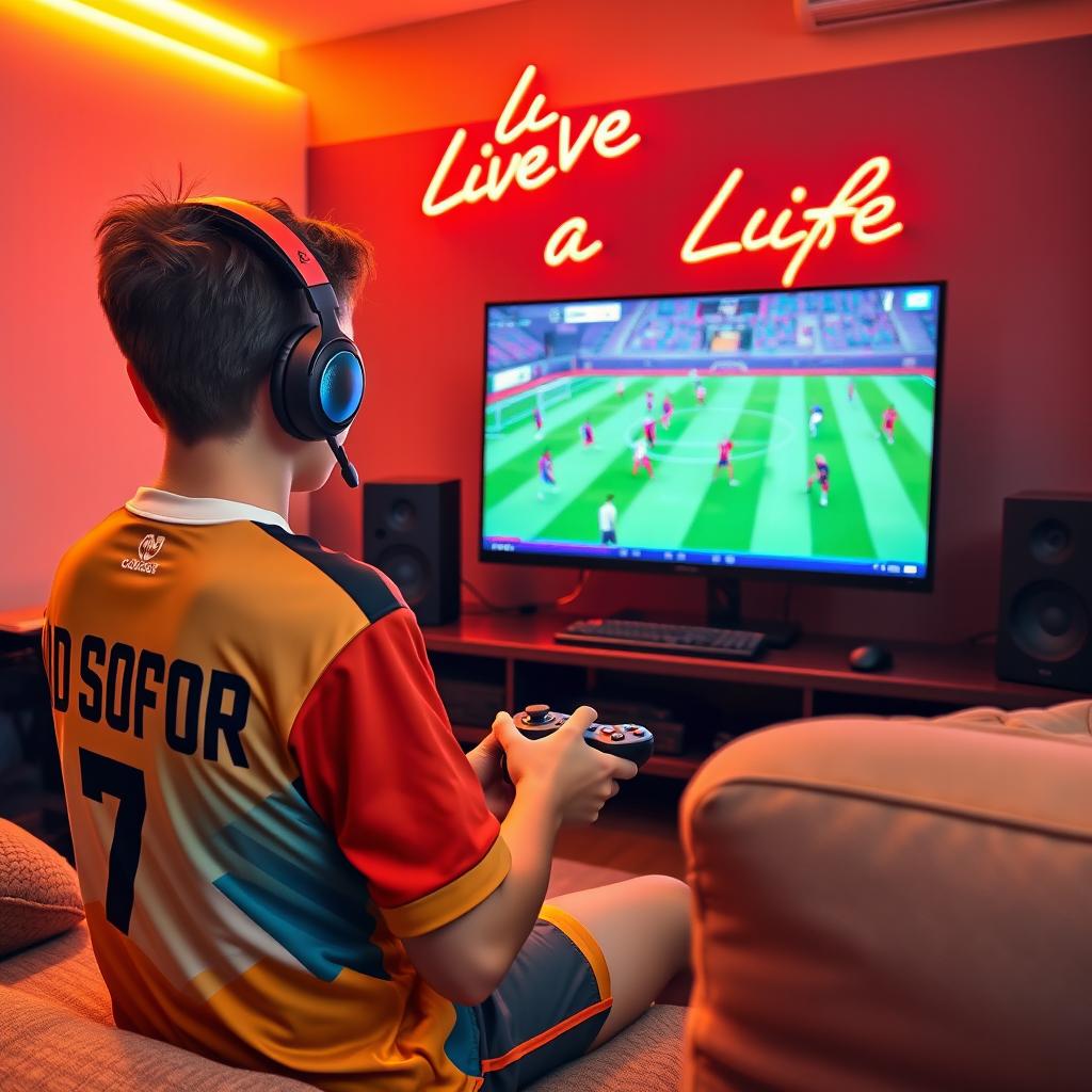 A teenage boy sitting in a cozy room, playing eFootball on a high-end PC setup with a large monitor