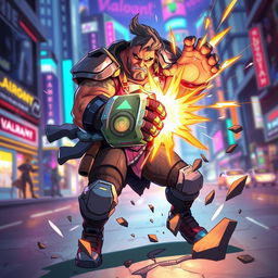 A dynamic illustration of the Valorant character Breach, showcasing his powerful, tech-enhanced abilities in a vibrant, urban environment