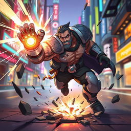 A dynamic illustration of the Valorant character Breach, showcasing his powerful, tech-enhanced abilities in a vibrant, urban environment