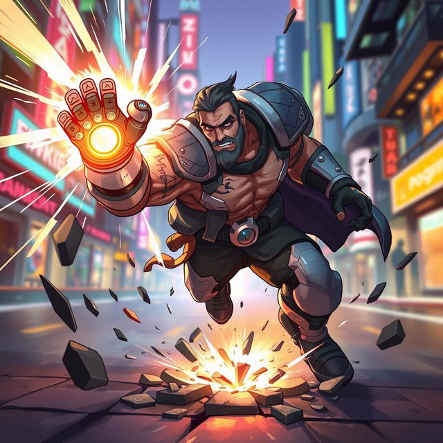 A dynamic illustration of the Valorant character Breach, showcasing his powerful, tech-enhanced abilities in a vibrant, urban environment