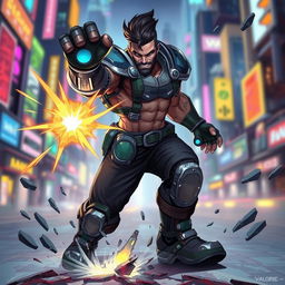 A dynamic illustration of the Valorant character Breach, showcasing his powerful, tech-enhanced abilities in a vibrant, urban environment