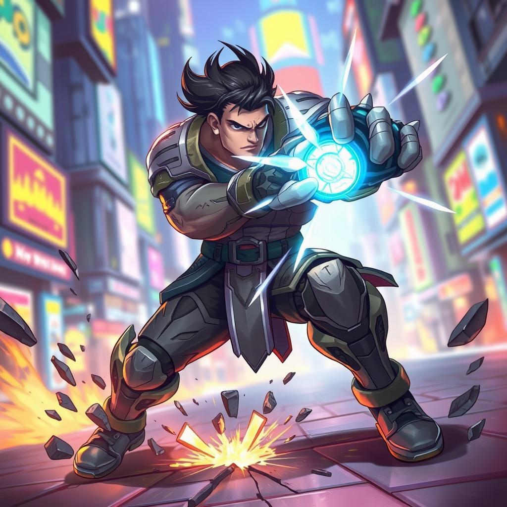 A dynamic illustration of the Valorant character Breach, showcasing his powerful, tech-enhanced abilities in a vibrant, urban environment