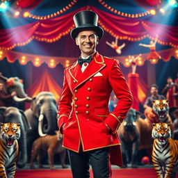 A charismatic ringleader standing confidently in the center of a vibrant circus scene, wearing a classic red tailcoat adorned with gold trim, black trousers, and a top hat