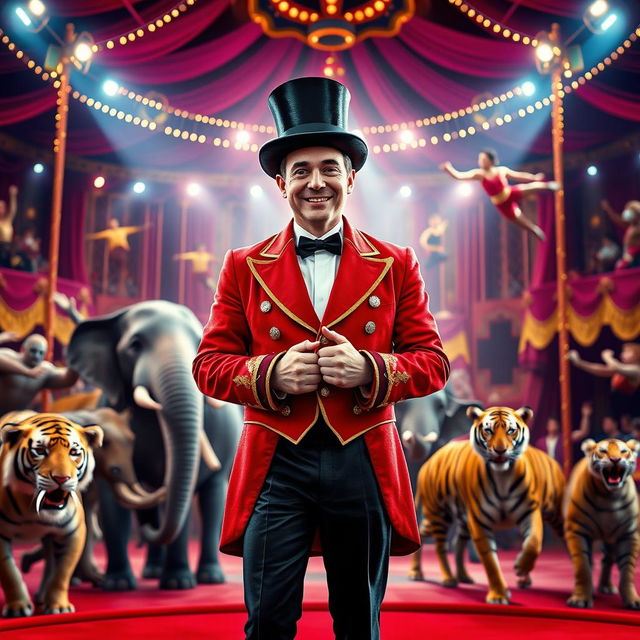 A charismatic ringleader standing confidently in the center of a vibrant circus scene, wearing a classic red tailcoat adorned with gold trim, black trousers, and a top hat