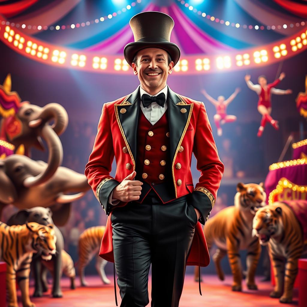 A charismatic ringleader standing confidently in the center of a vibrant circus scene, wearing a classic red tailcoat adorned with gold trim, black trousers, and a top hat